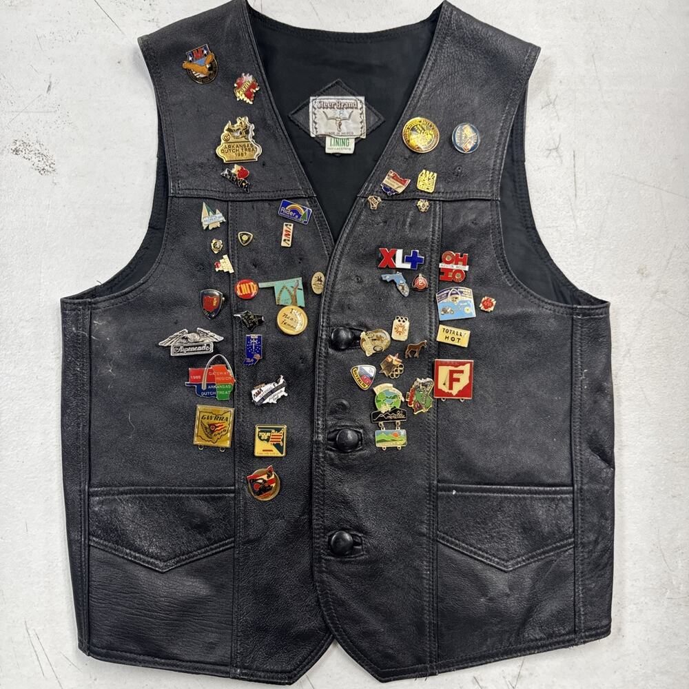 Leather Headquarters Women Black Motorcycle Vest Metal Pins & Patches Rare
